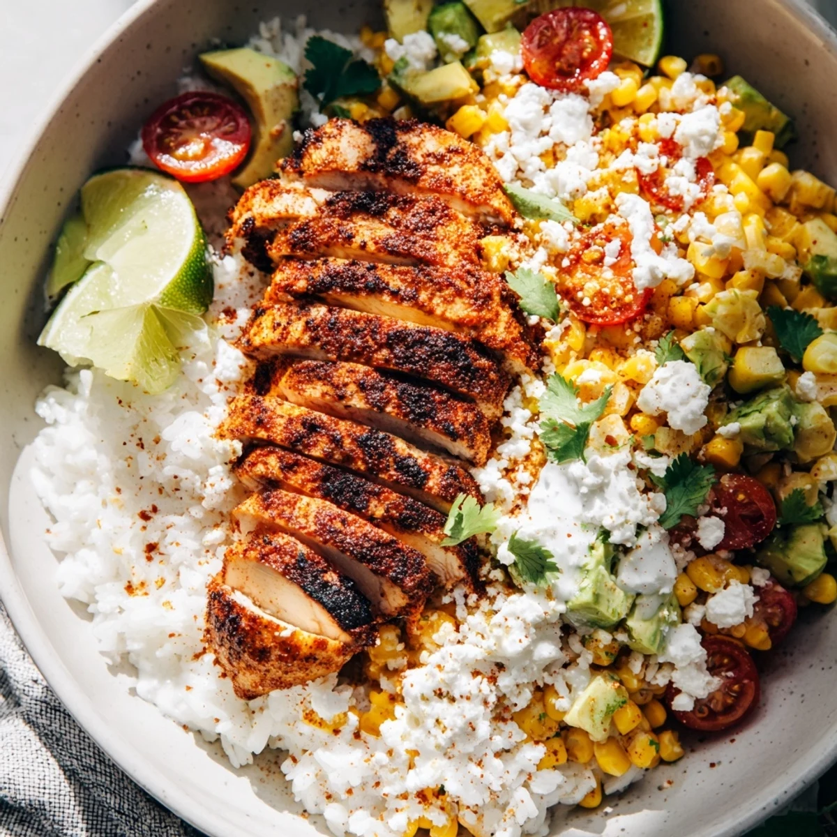 Vibrant Mexican-inspired street corn chicken and rice bowls with grilled meat and charred corn