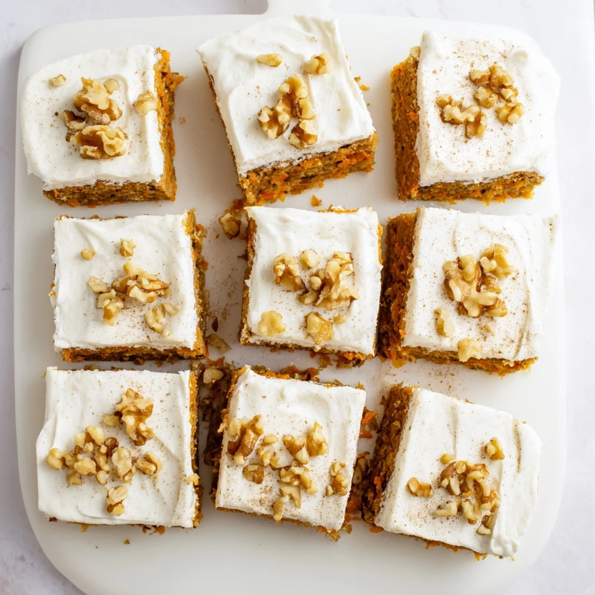 Golden carrot cake bars with thick cream cheese frosting sprinkled with chopped walnuts on a white serving plate