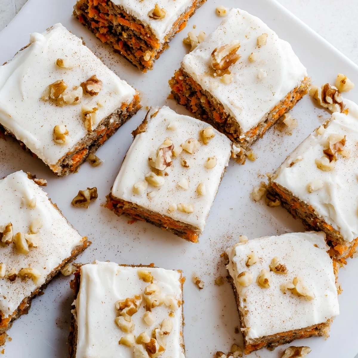Batch of homemade carrot cake bars cut into sixteen portable squares with rich cream cheese frosting and nut garnish