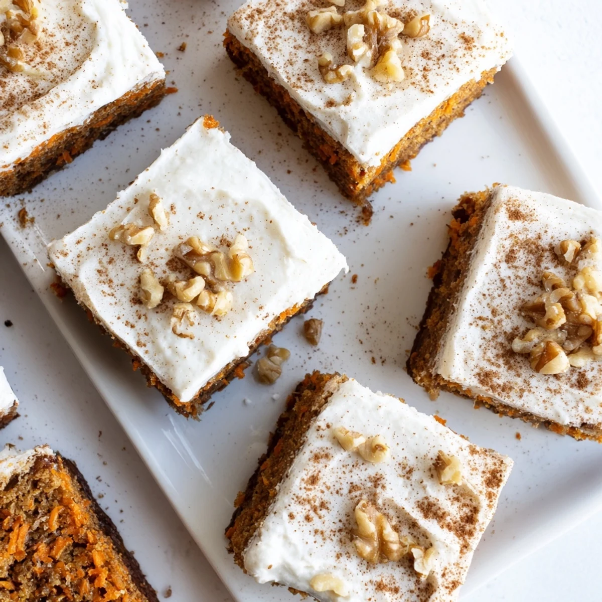 Square slice of moist spiced carrot cake bar showing tender crumb topped with fluffy white cream cheese frosting