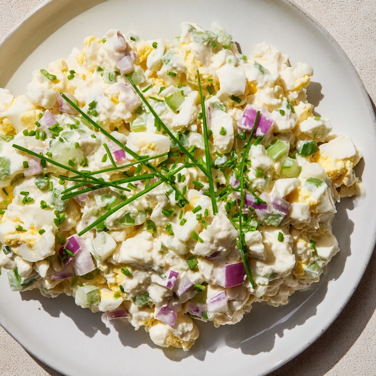 Wholesome cottage cheese egg salad featuring tender chunky eggs, crunchy celery, and vibrant green herbs