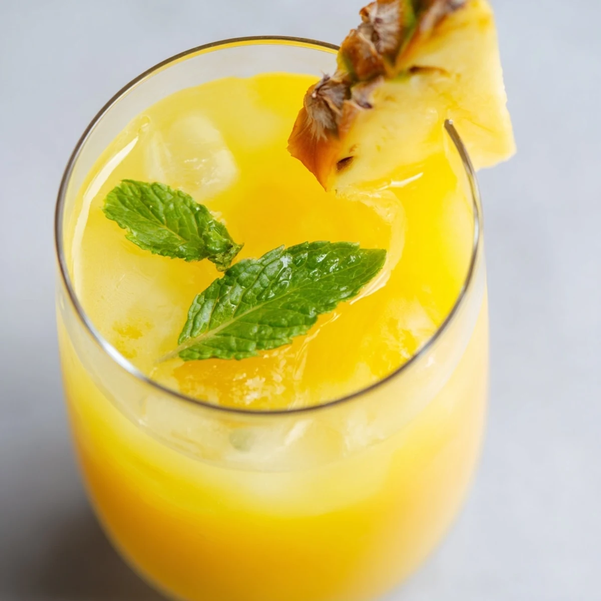Golden pineapple peach agua fresca served over ice in a clear glass pitcher garnished with fresh mint sprigs