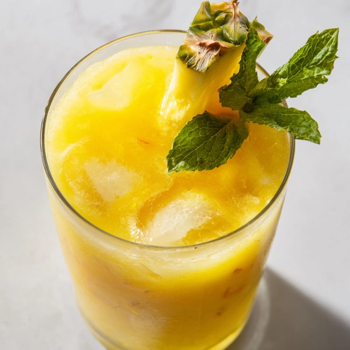 Vibrant yellow pineapple peach agua fresca displayed on a wooden table with ice cubes and citrus lime slices