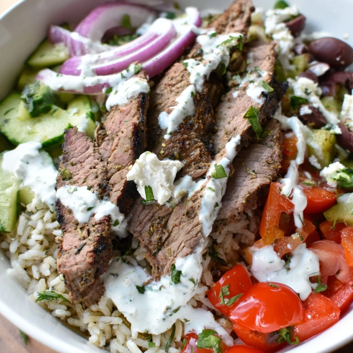 Mediterranean steak bowl piled with juicy meat, cherry tomatoes, cucumber, olives, and crumbled feta