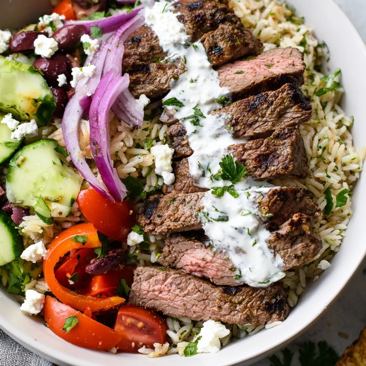 Colorful protein-packed Mediterranean steak bowl with marinated flank steak and zesty yogurt dressing