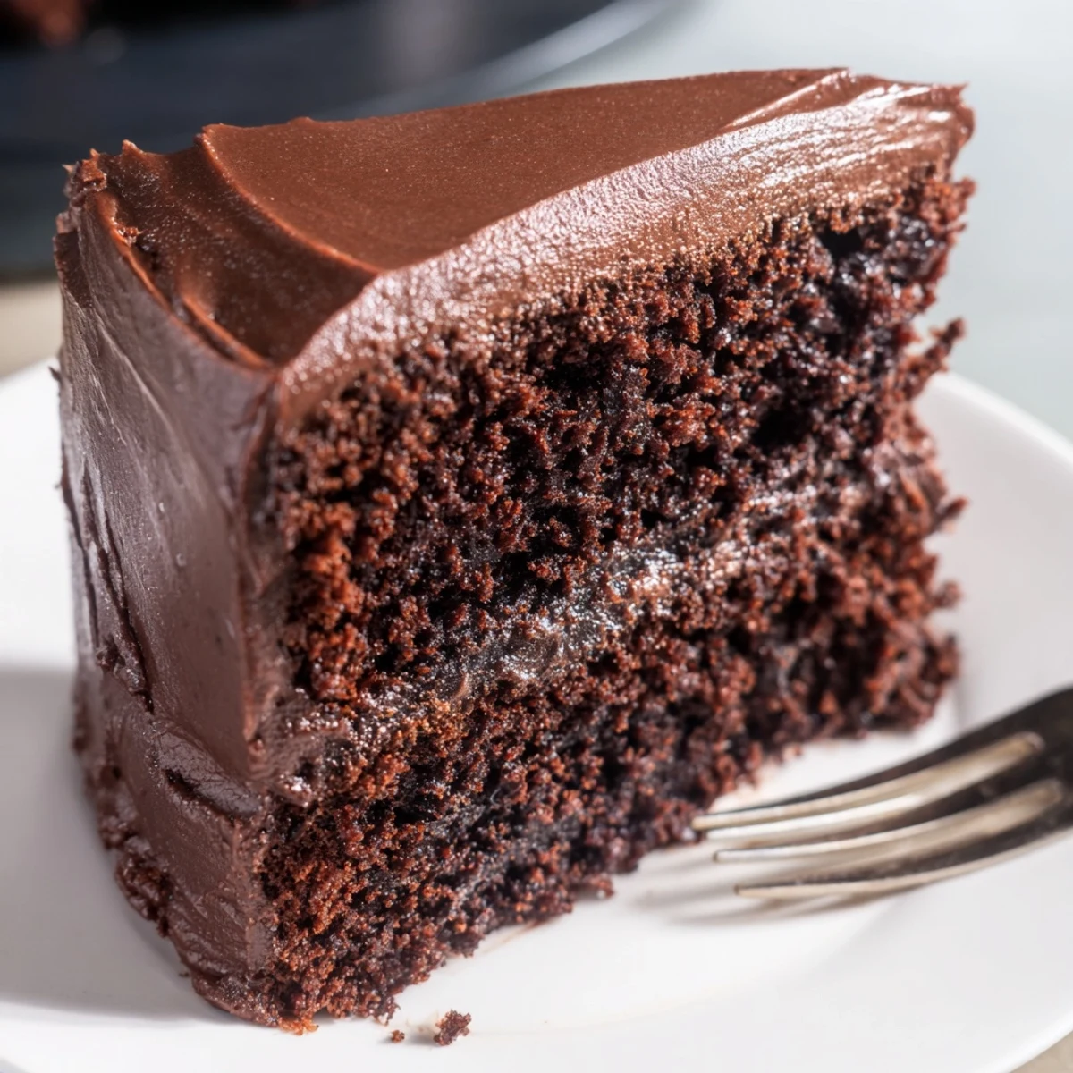 Decadent chocolate cake layered with silky frosting and topped with chocolate shavings