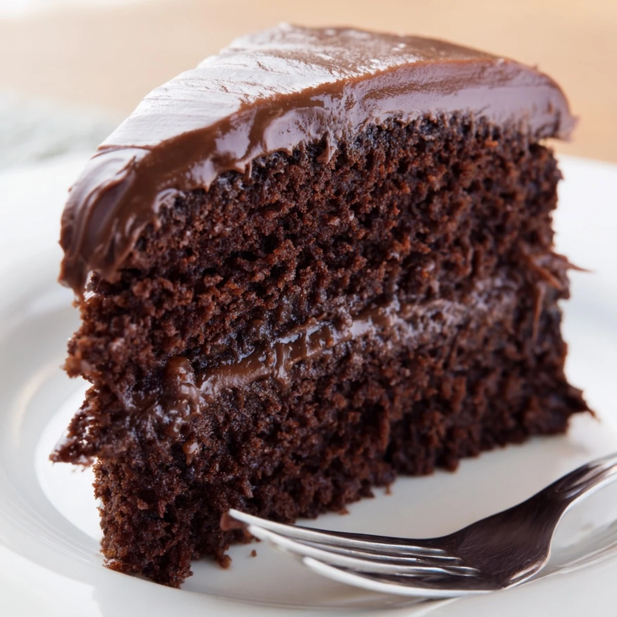 Beautiful two-layer chocolate cake with smooth ganache-style frosting served on white dessert plate
