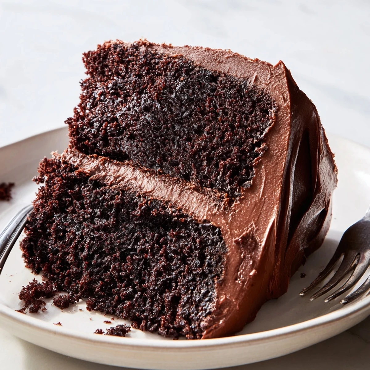 Rich moist chocolate cake slice showcasing fudgy crumb and generous buttercream frosting layers