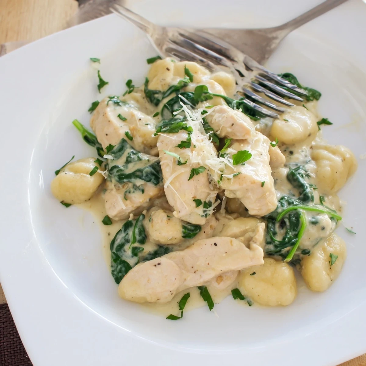 Golden chicken pieces and fluffy gnocchi swim in a velvety lemon Parmesan cream sauce with wilted spinach.