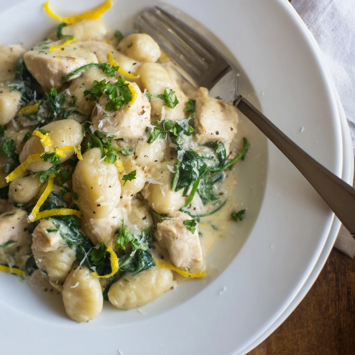 One-pan creamy lemon chicken gnocchi features tender meat and pasta in a rich, zesty white sauce.