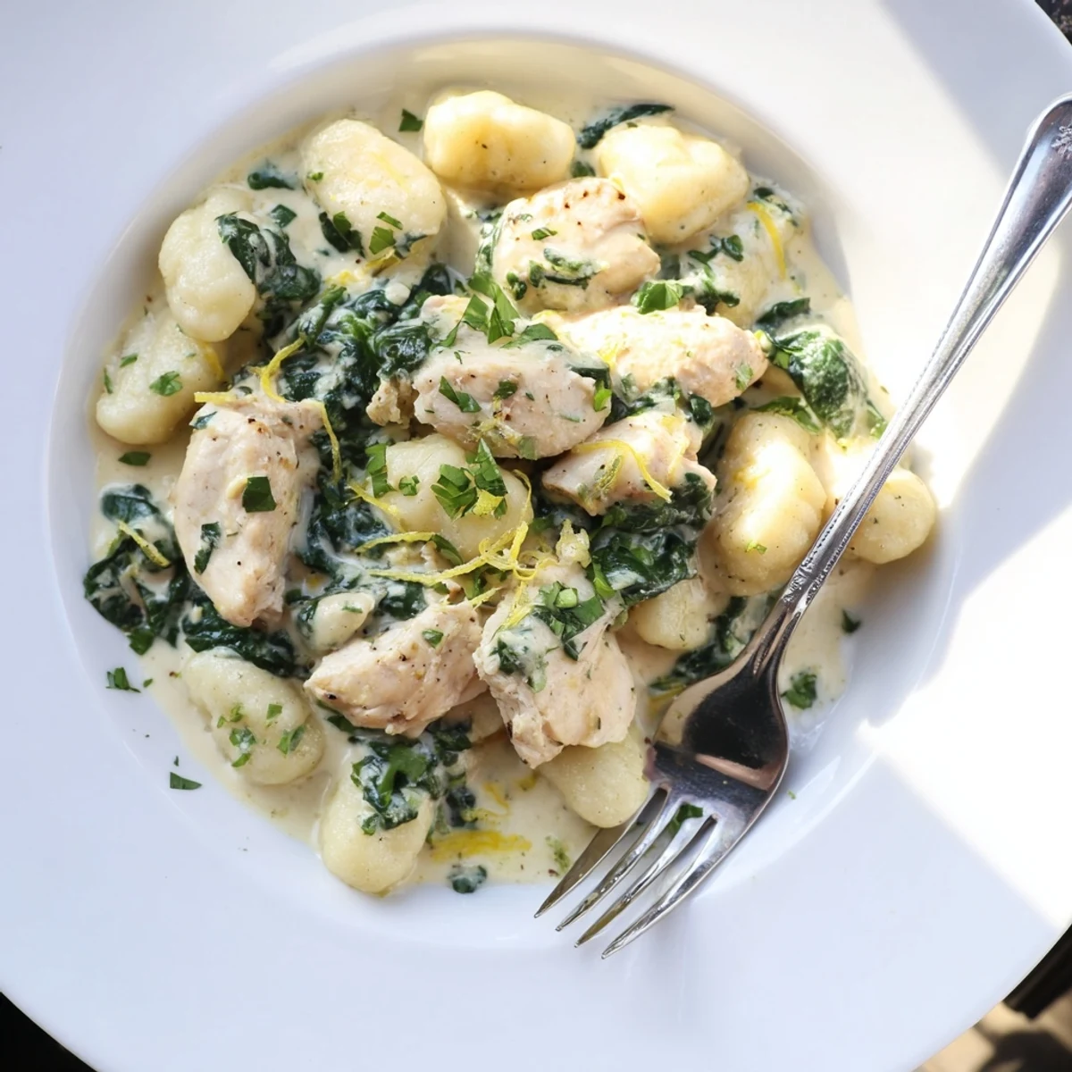 Serving of Italian-inspired lemon chicken gnocchi topped with fresh parsley and extra Parmesan in a cream sauce.