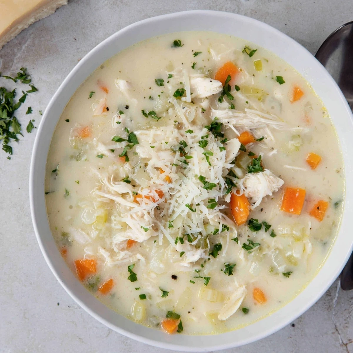 Golden bowl of garlic parmesan chicken soup with melted cheese and crusty bread