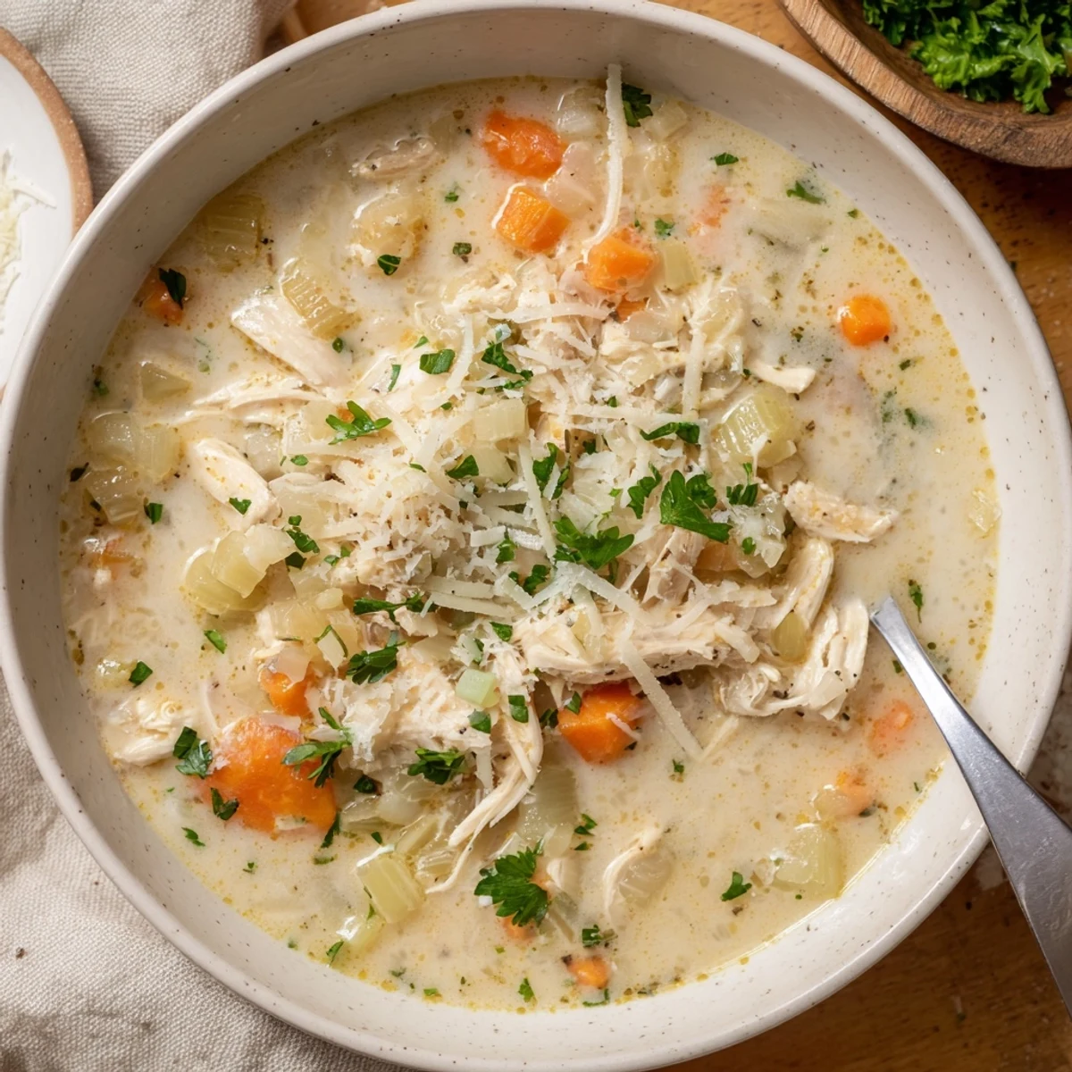 Creamy garlic parmesan chicken soup served in white bowls with fresh parsley garnish
