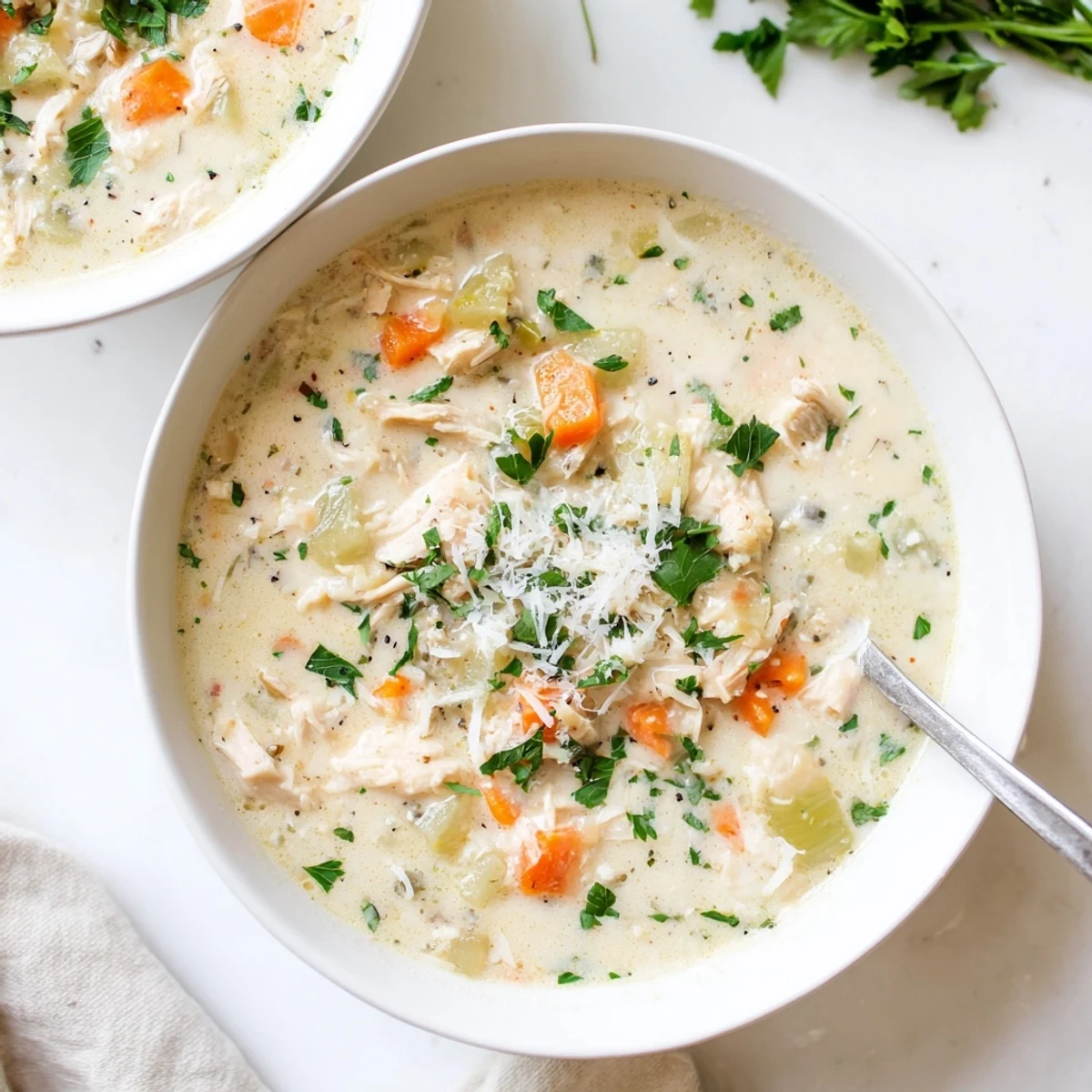 Steaming garlic parmesan chicken soup loaded with tender chicken and colorful diced vegetables