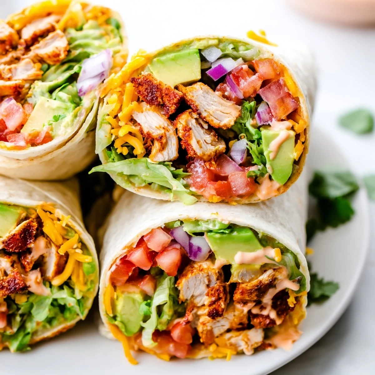 Golden sliced spicy chicken with avocado and fresh vegetables in flour tortilla wrap
