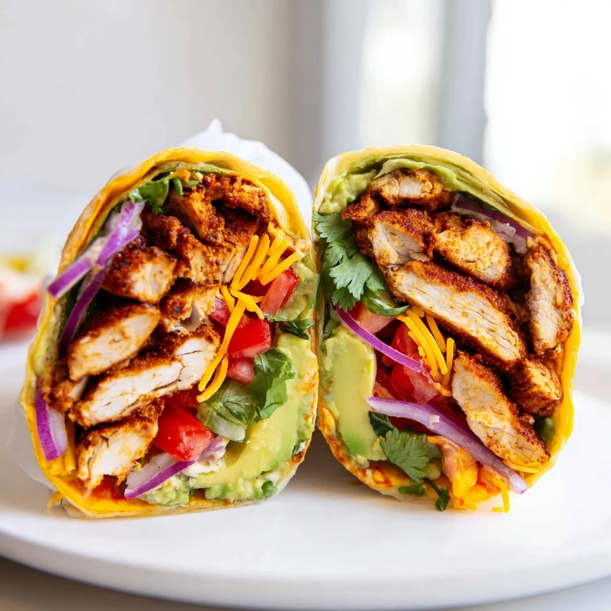 Cross section of spicy chicken avocado wraps with melted cheese and zesty sriracha sauce