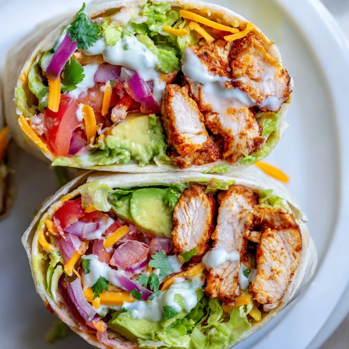 Handheld spicy chicken avocado wraps stuffed with crisp lettuce tomato and creamy avocado
