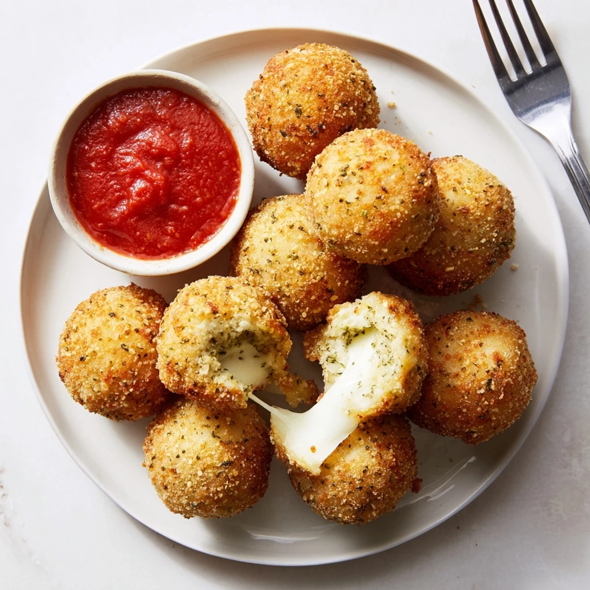 Crispy fried mozzarella cheese balls paired with marinara sauce for dipping