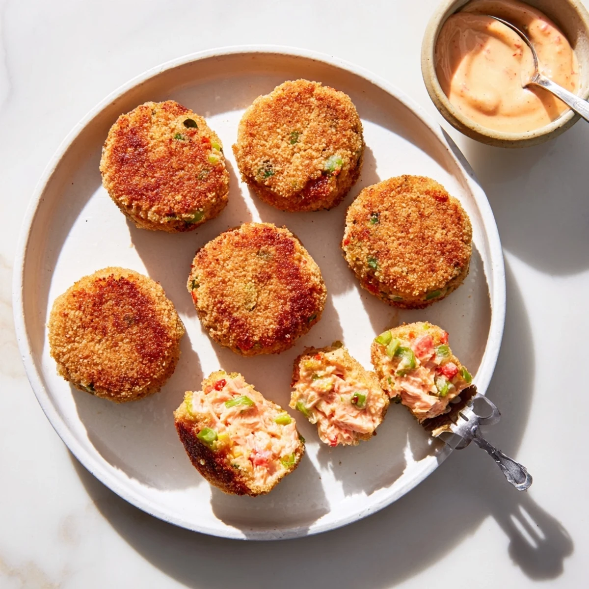 Crispy pan-fried Southern salmon croquettes arranged on a rustic wooden board with fresh lemon wedges