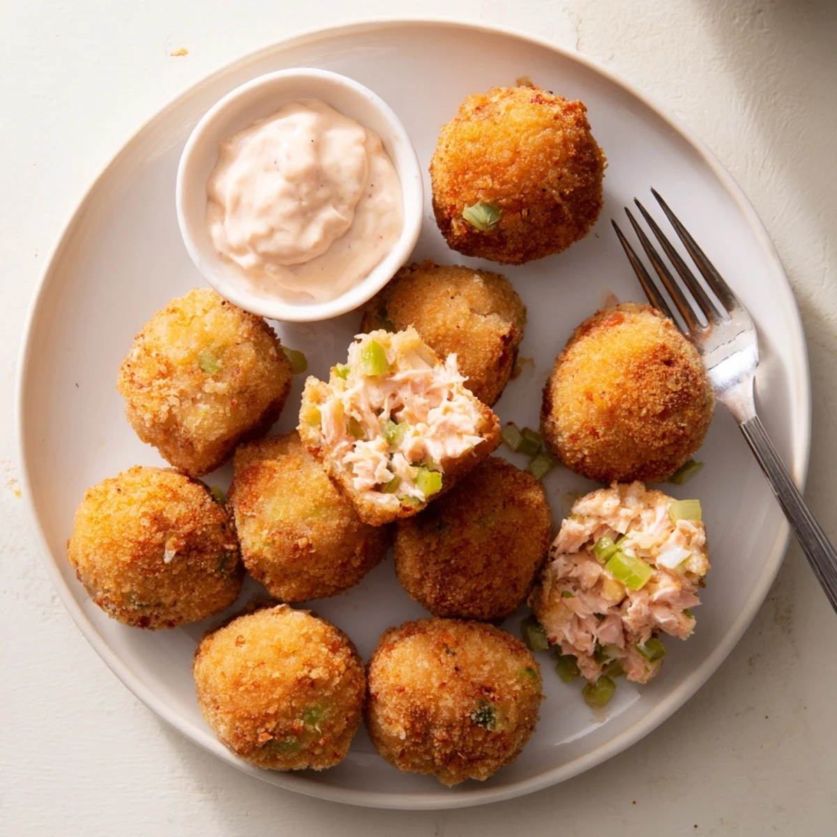 Golden brown Southern salmon croquettes served on a white plate with zesty remoulade dipping sauce