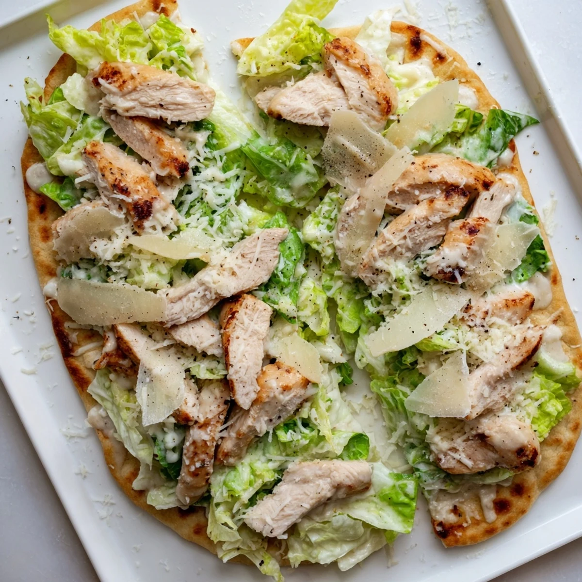 Golden brown chicken Caesar flatbread topped with grilled chicken strips and melted mozzarella cheese