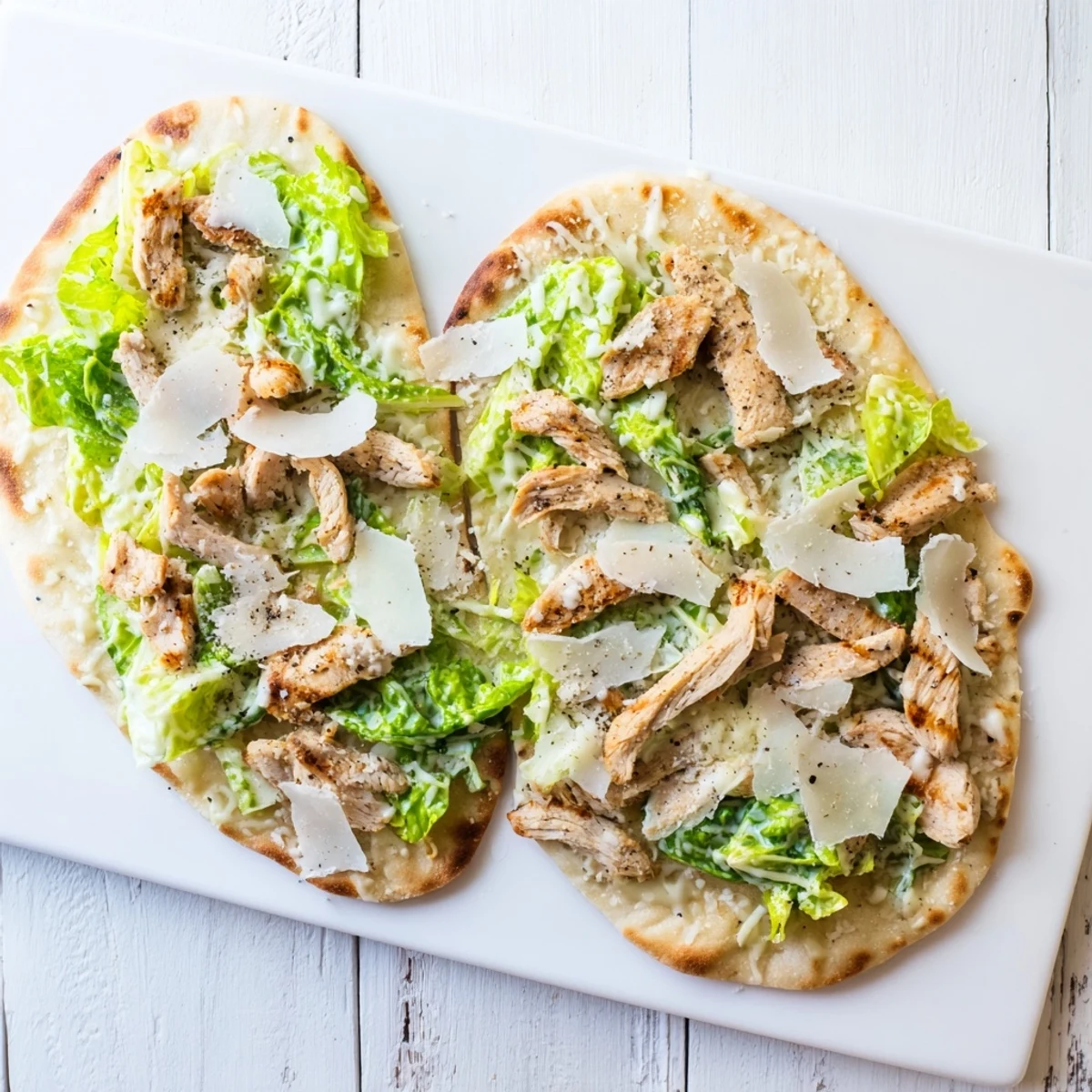 Sliced chicken breast atop crispy flatbread with romaine lettuce and creamy Caesar dressing
