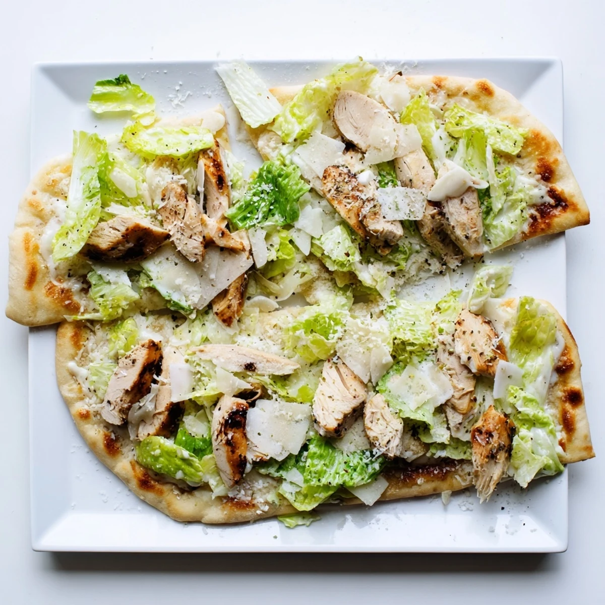 Homemade chicken Caesar flatbread garnished with shaved parmesan and fresh black pepper