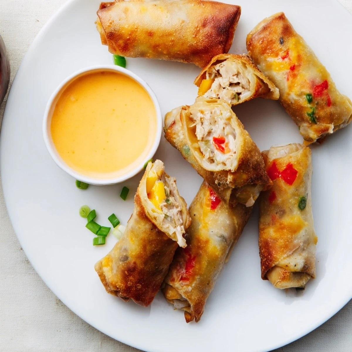 Golden brown crispy Voodoo Egg Rolls filled with seasoned Cajun chicken and colorful vegetables