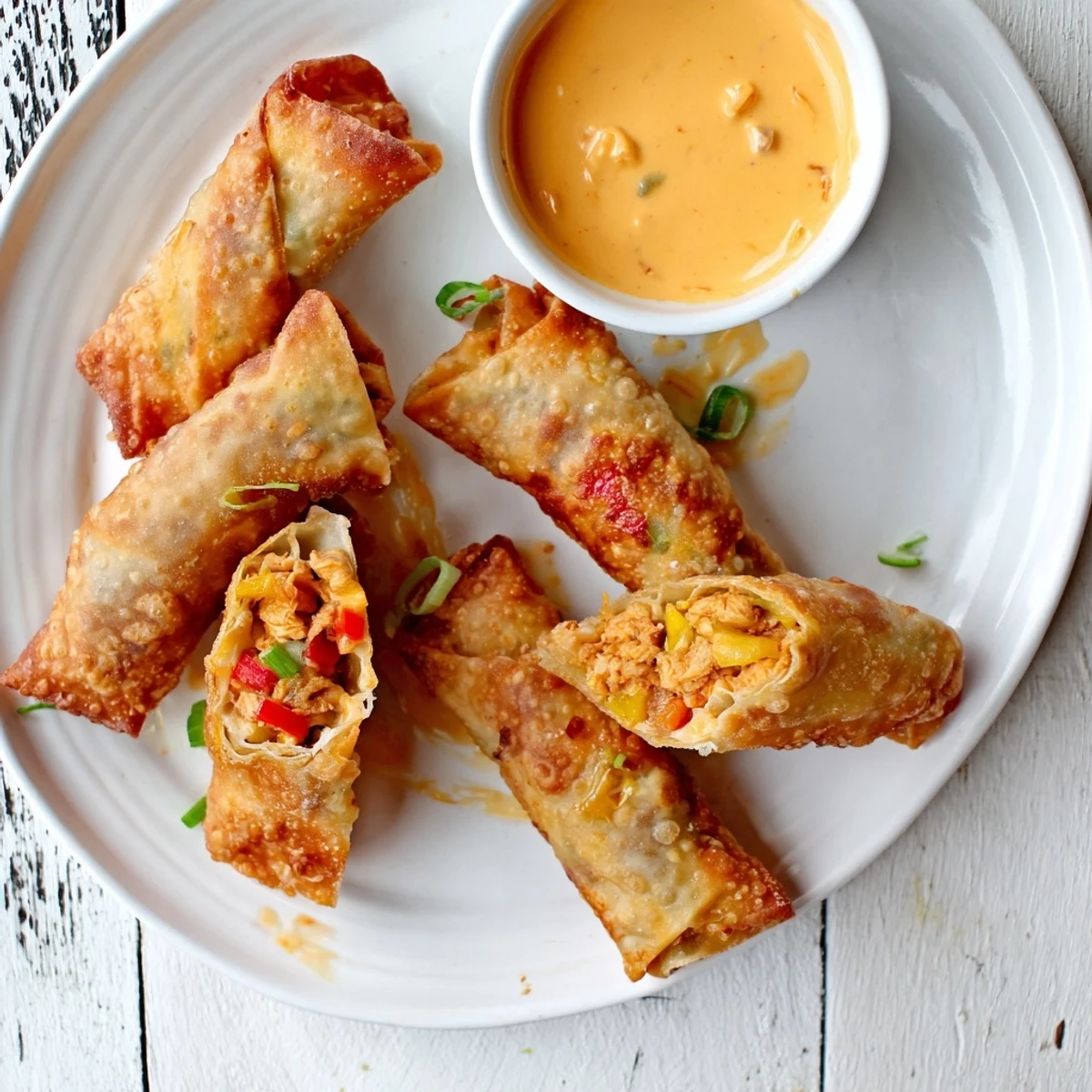 Spicy Cajun chicken Voodoo Egg rolls served with creamy zesty dipping sauce on white plate