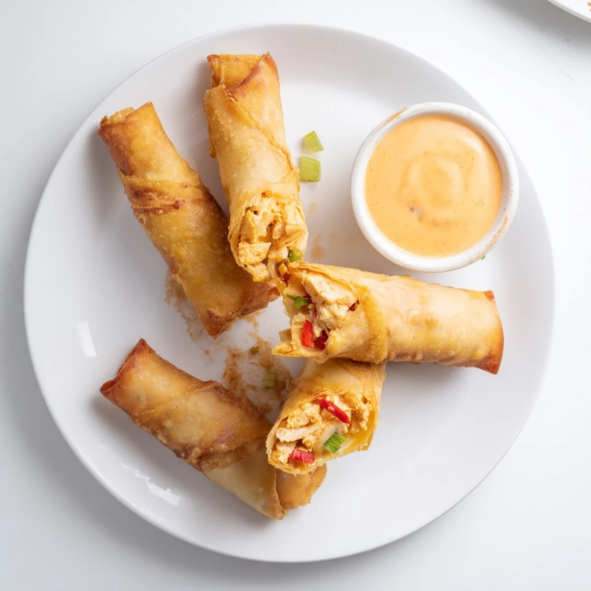 Plate of fried Voodoo Egg Rolls showcasing golden wrappers stuffed with seasoned peppers and chicken