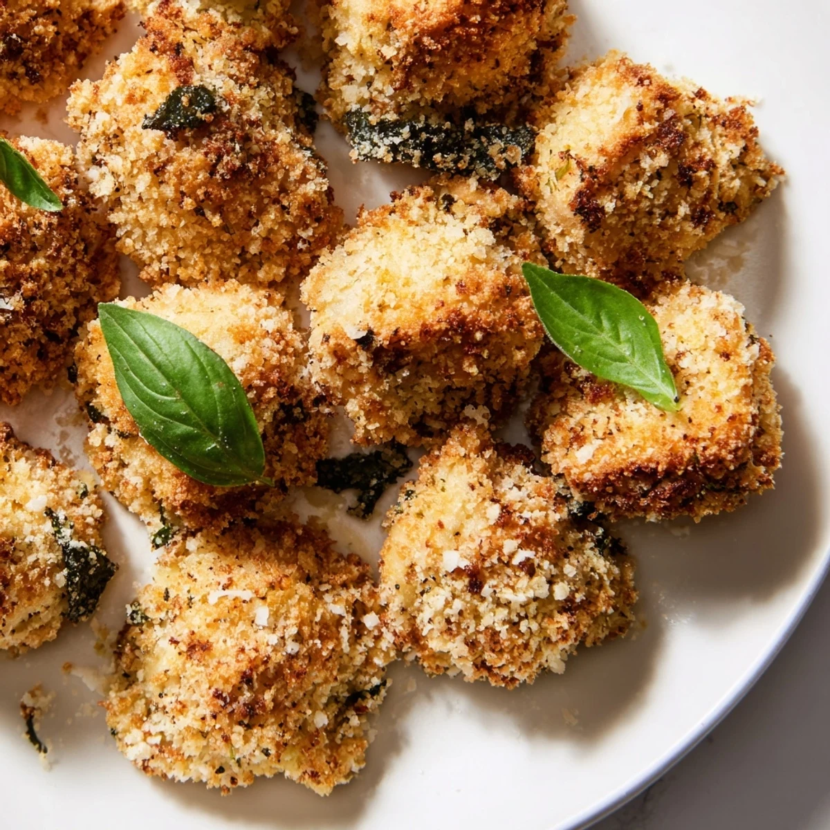 Crispy breaded tortellini bites cooked in air fryer basket until perfectly golden brown