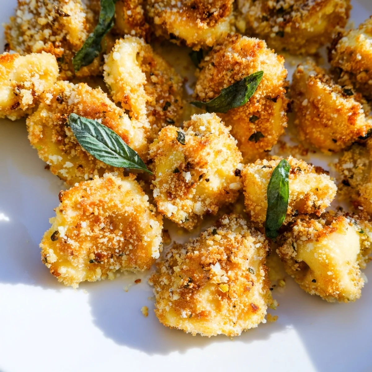 Golden air fryer tortellini arranged on a white platter with marinara dipping sauce