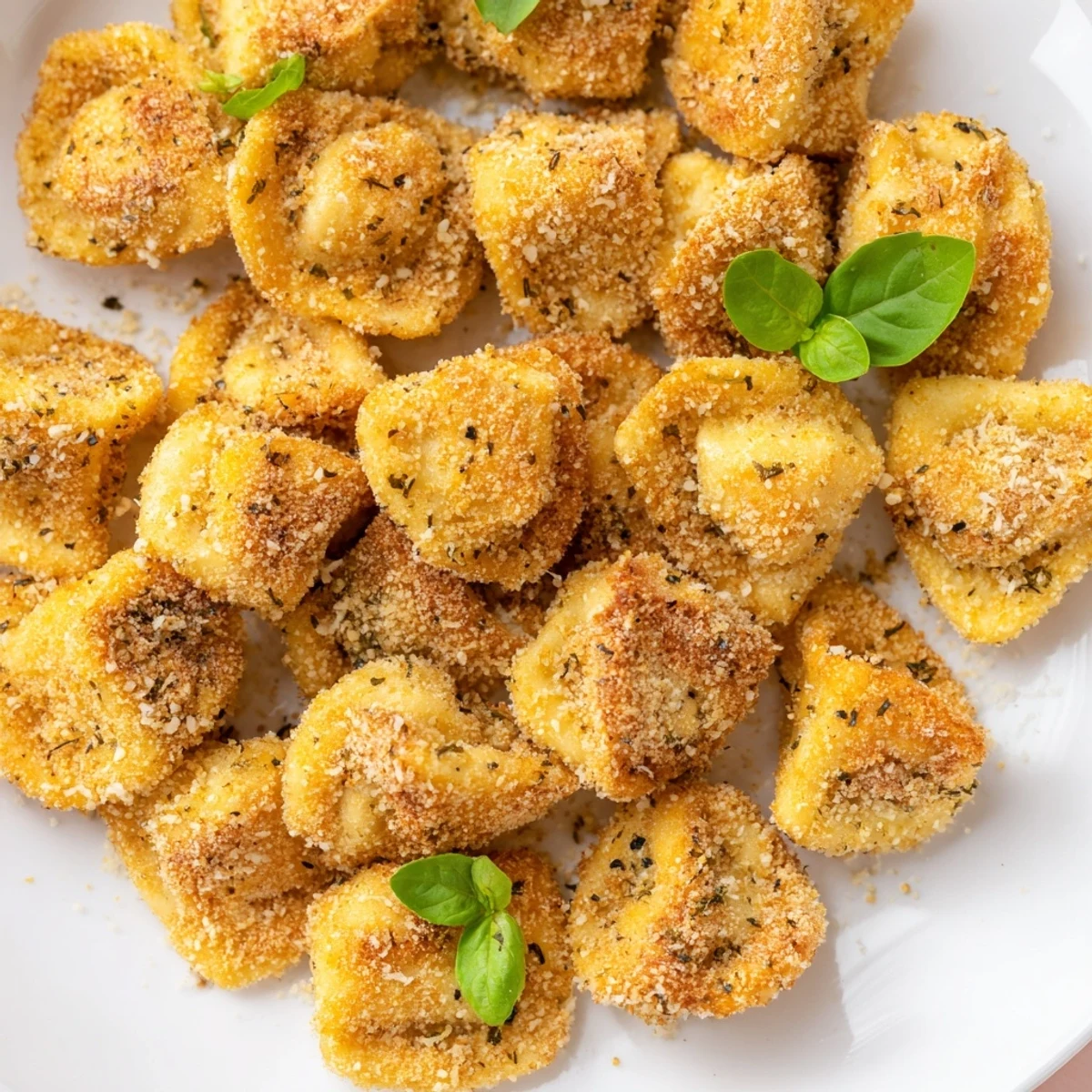 Italian appetizer of crunchy tortellini served alongside warm red sauce and fresh basil