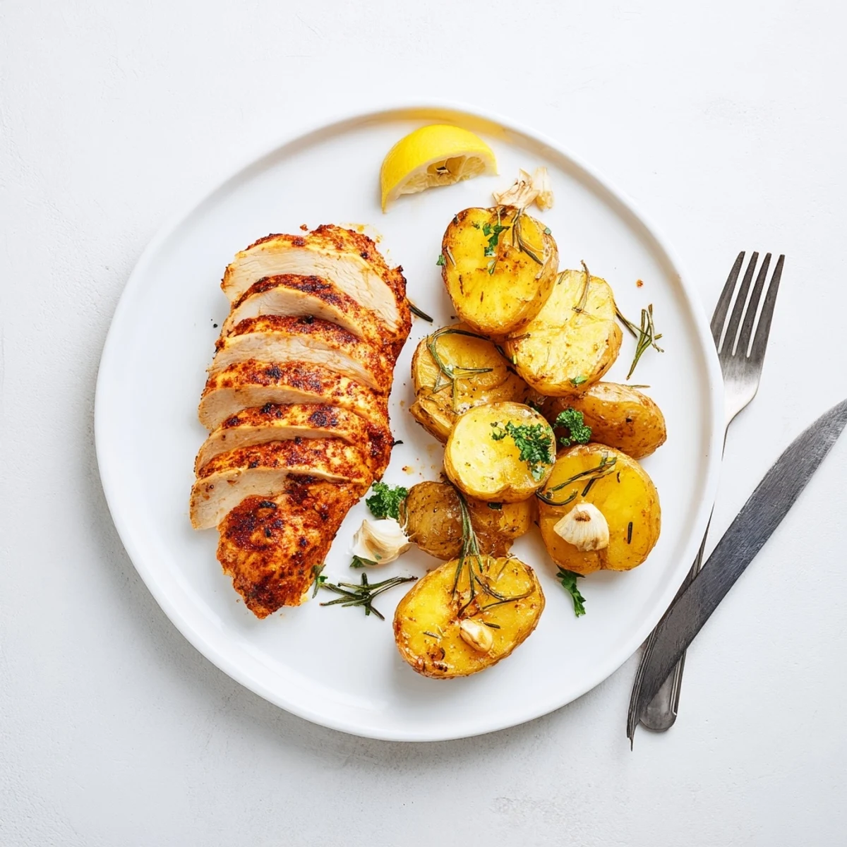 Golden brown grilled chicken resting beside crispy roasted baby potatoes seasoned with rosemary