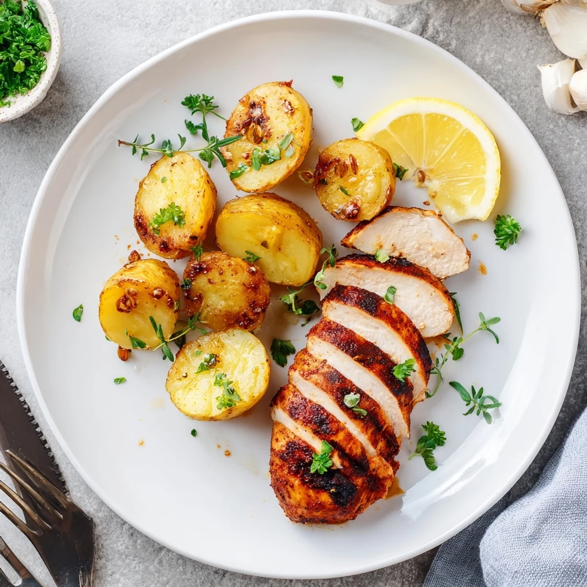 Sliced grilled chicken breast served with perfectly roasted Yukon Gold potatoes on a white plate
