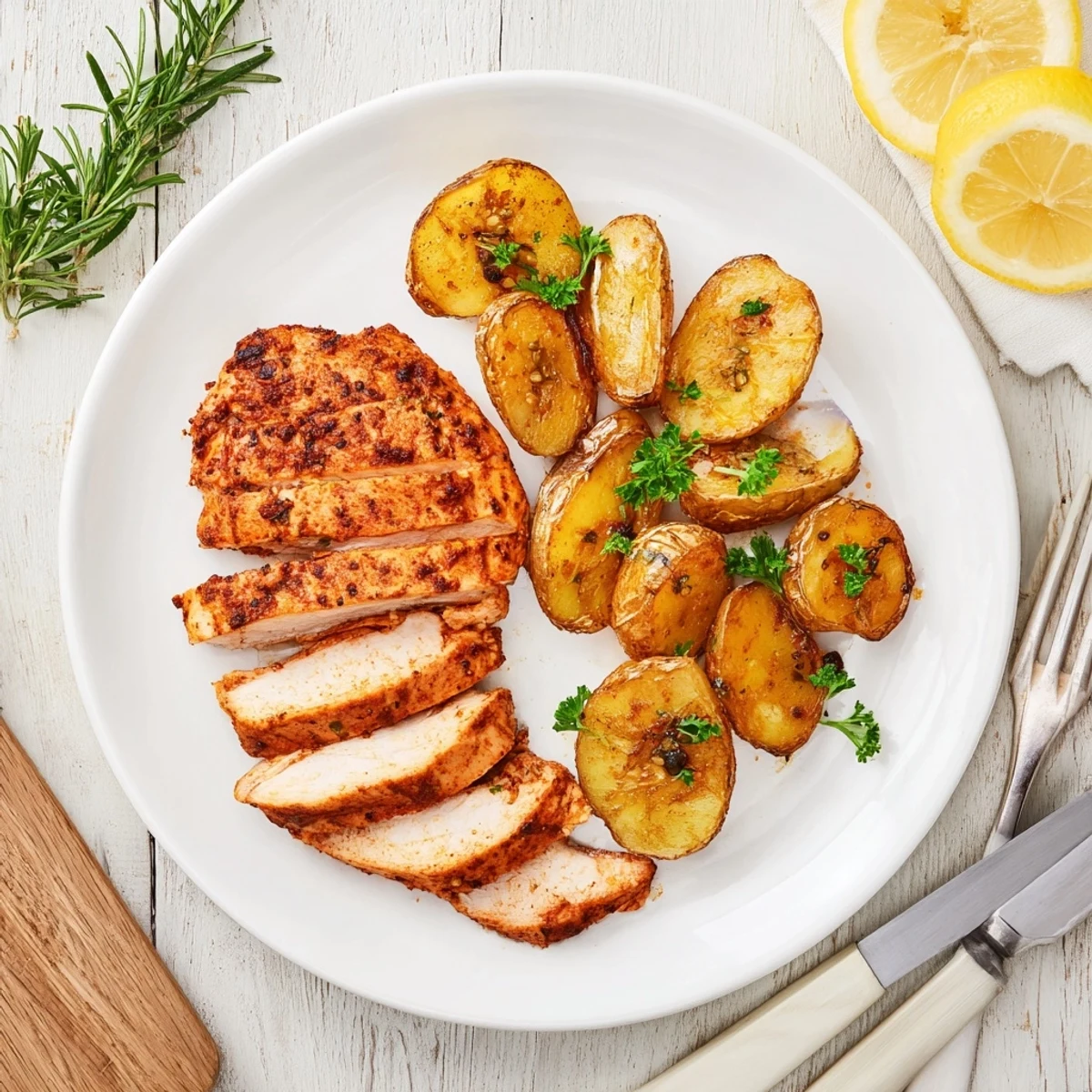 Juicy marinated grilled chicken paired with golden crispy potatoes garnished with fresh parsley and lemon