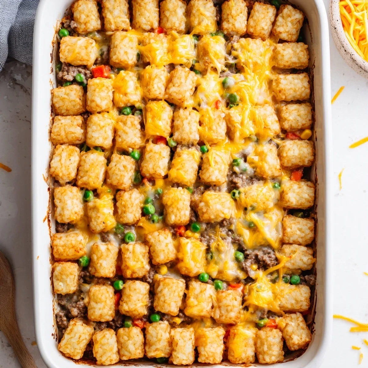Family-friendly cheesy ground beef tater tot casserole with crispy potato tots and melty cheese