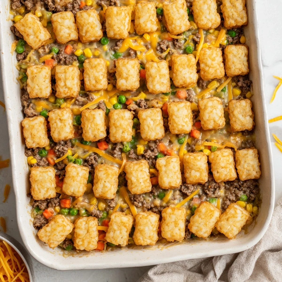 Comforting cheesy ground beef tater tot casserole baked to golden brown perfection