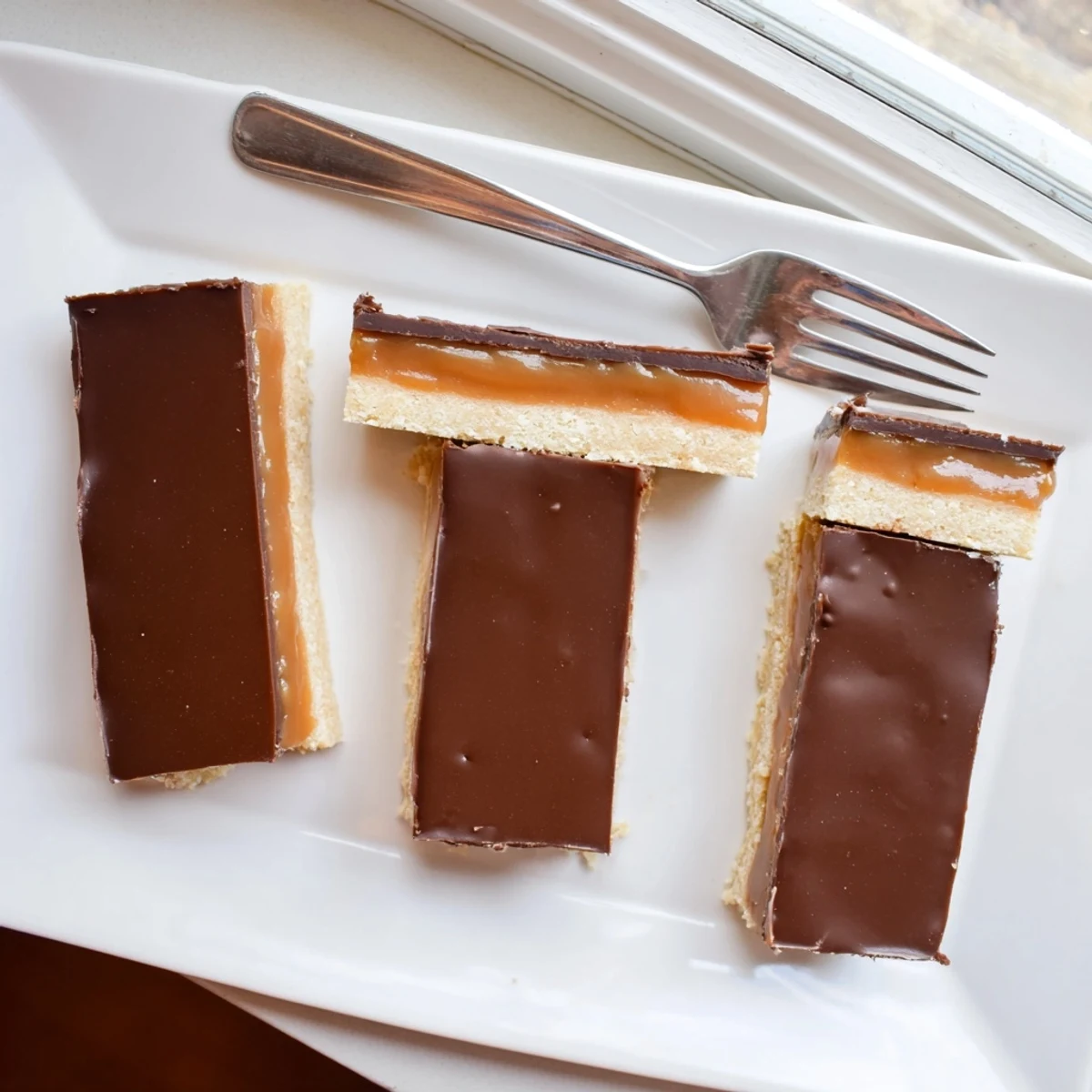 Golden Twix bars featuring buttery shortbread, gooey caramel, and smooth milk chocolate topping