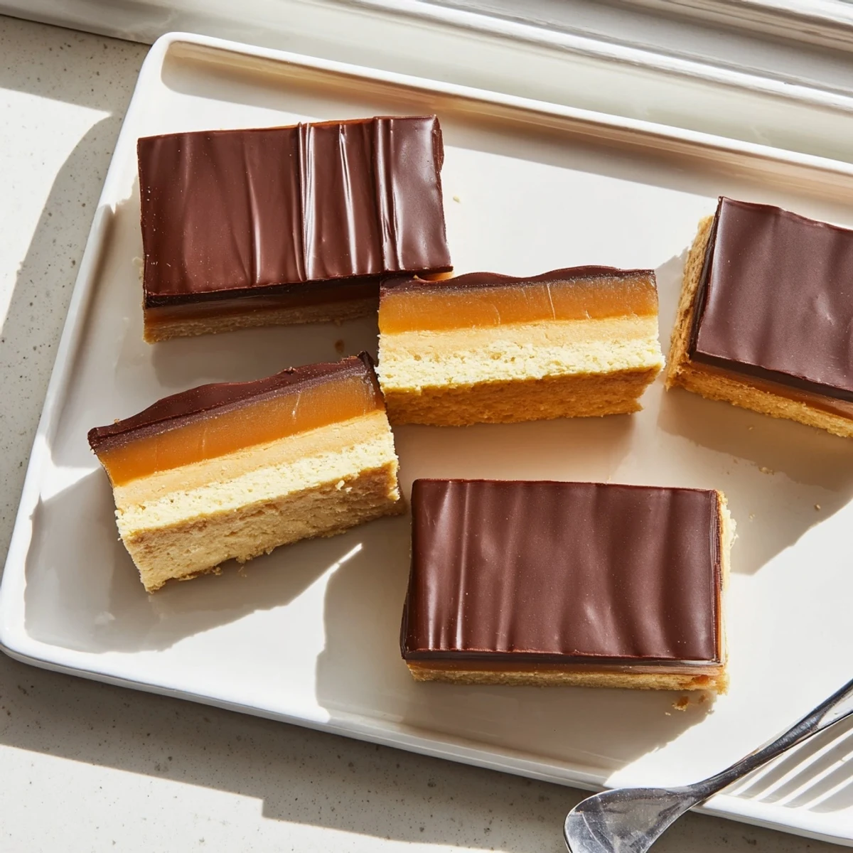 Homemade Twix bars stacked on a white plate showing three delicious dessert layers