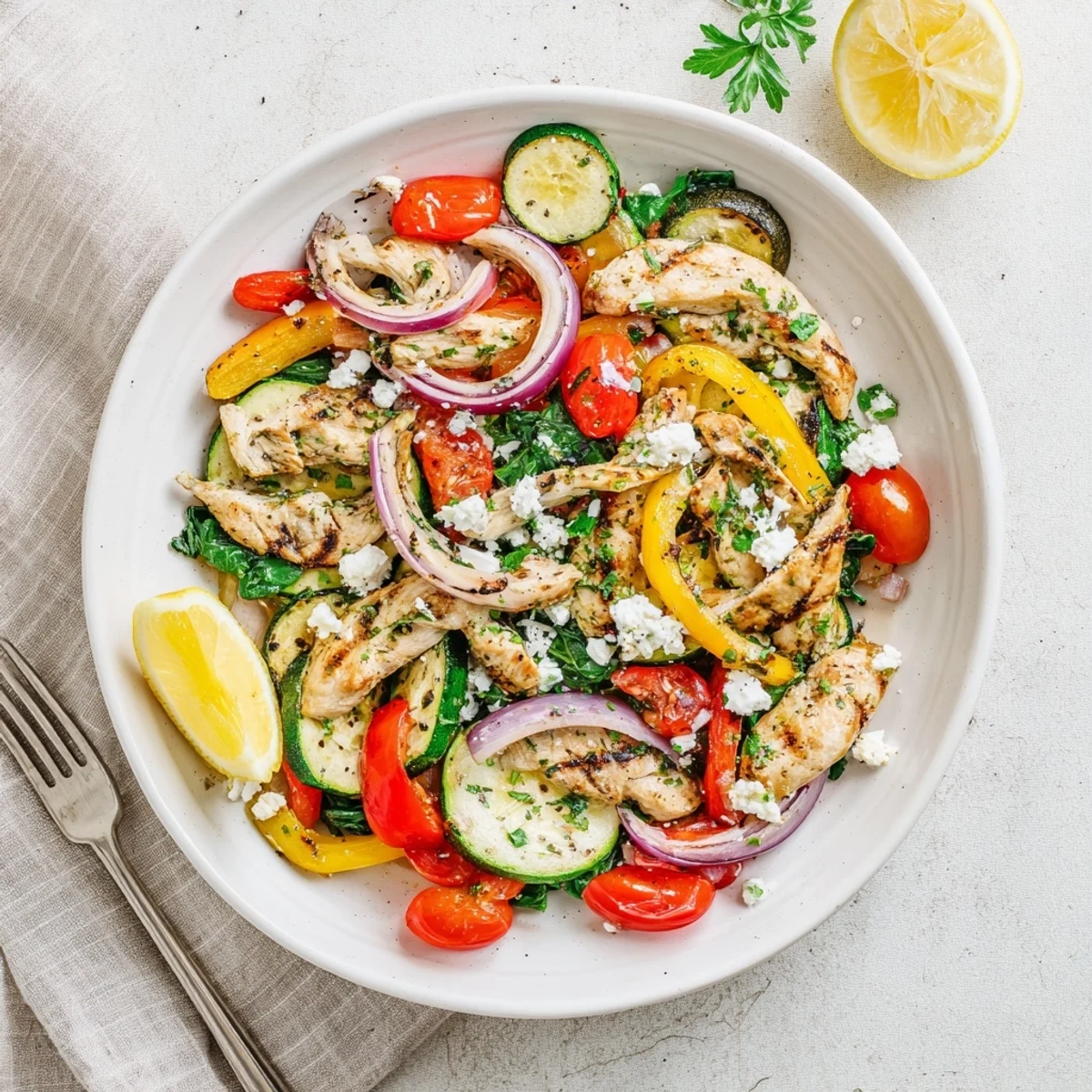 Golden brown chicken strips stir-fried with colorful bell peppers zucchini and cherry tomatoes