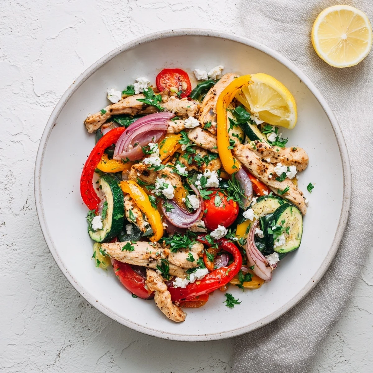 Easy weeknight dinner featuring spiced chicken breast vegetables melted feta and lemon wedges