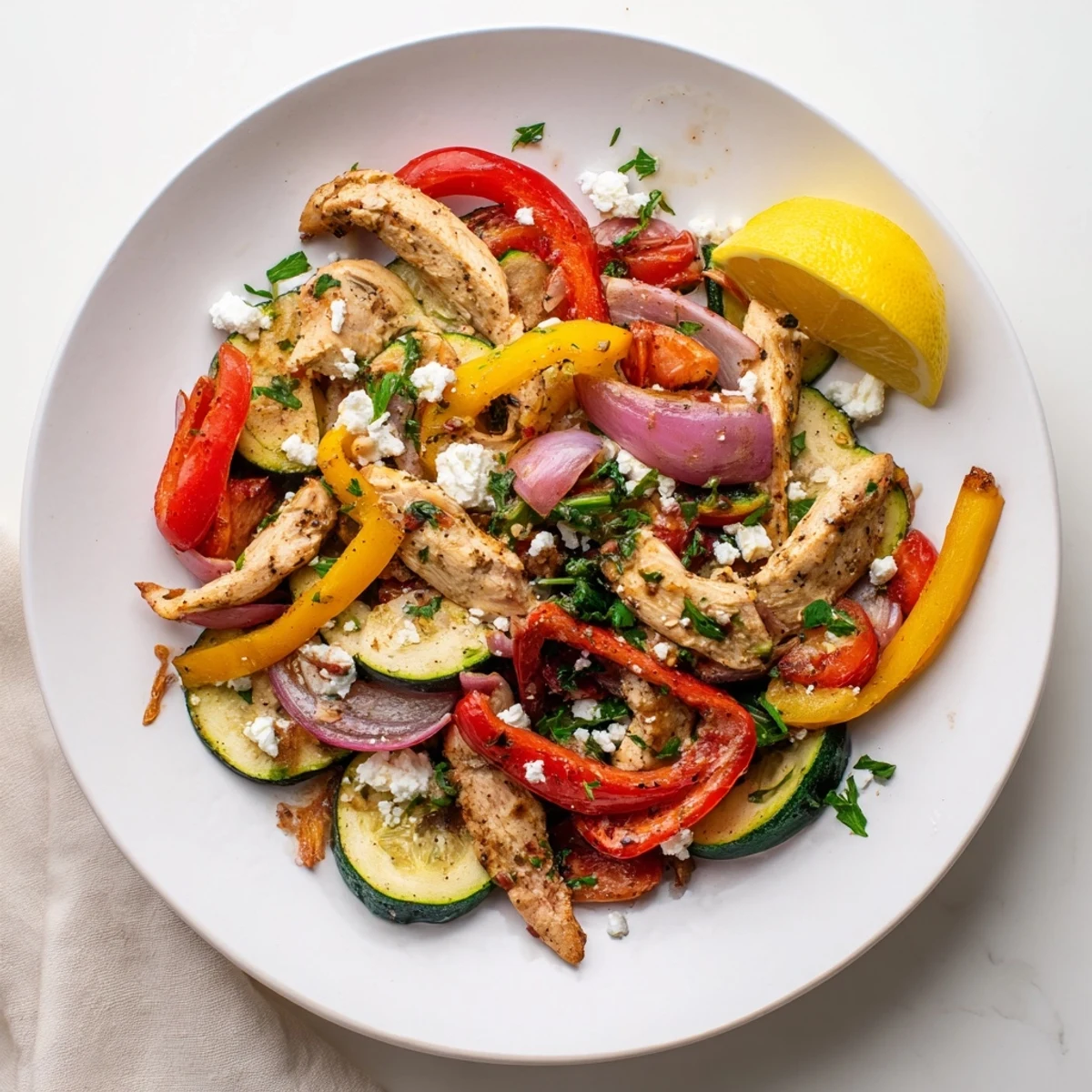 Vibrant Mediterranean chicken stir fry topped with crumbled feta and fresh parsley garnish