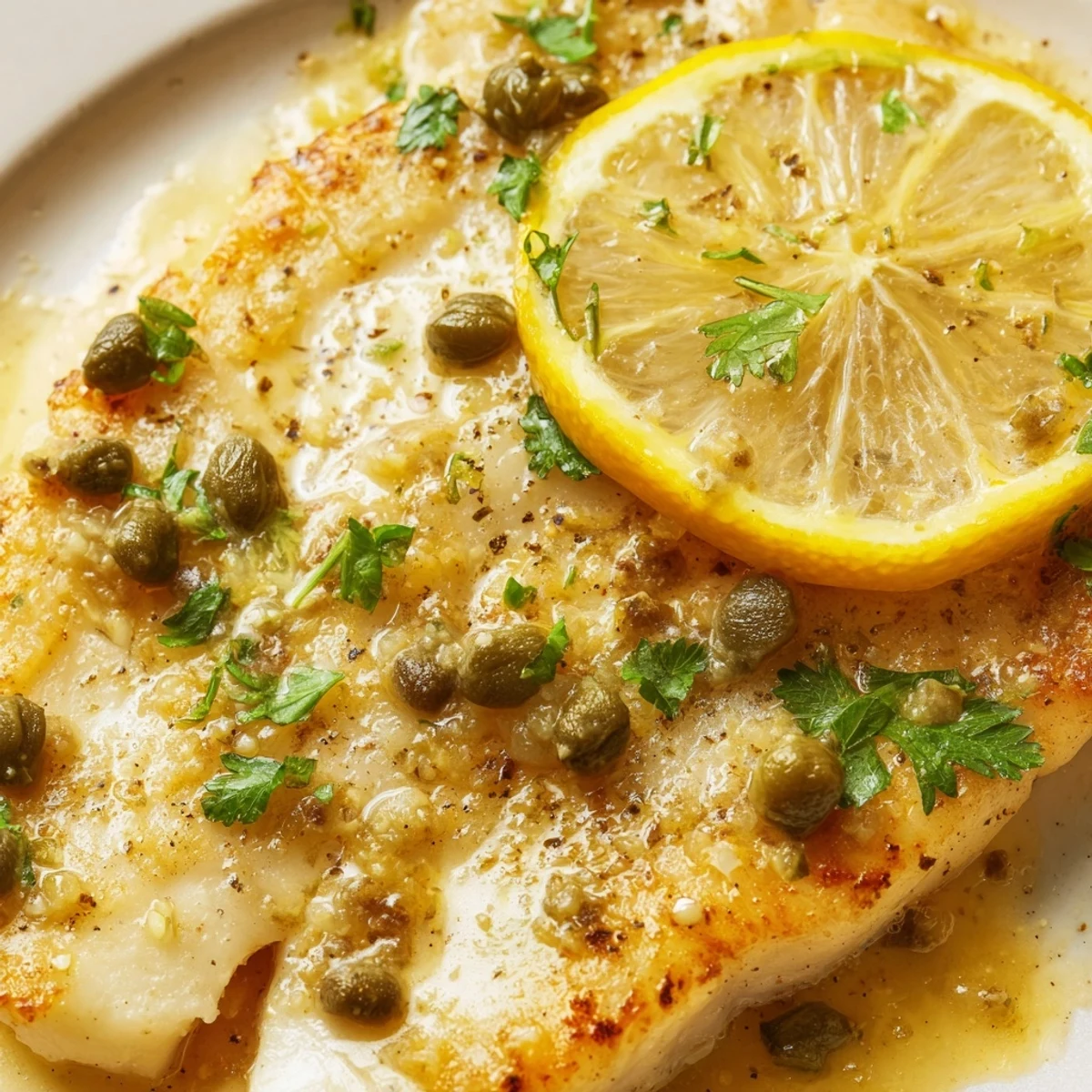 Golden pan-seared cod fillets drizzled with tangy lemon caper sauce and fresh parsley