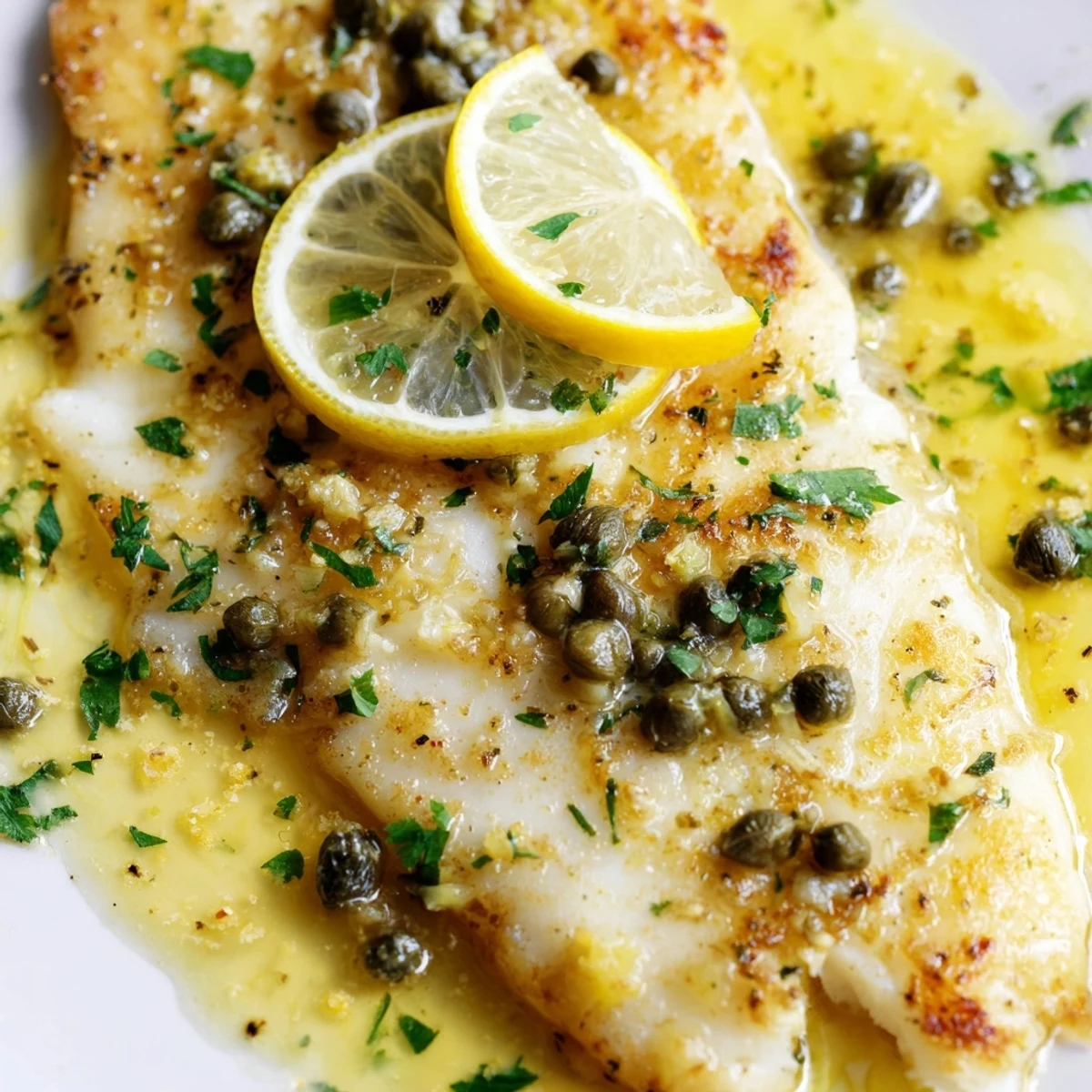 Tender cod pieces simmered in a garlic lemon butter sauce with briny caper accents