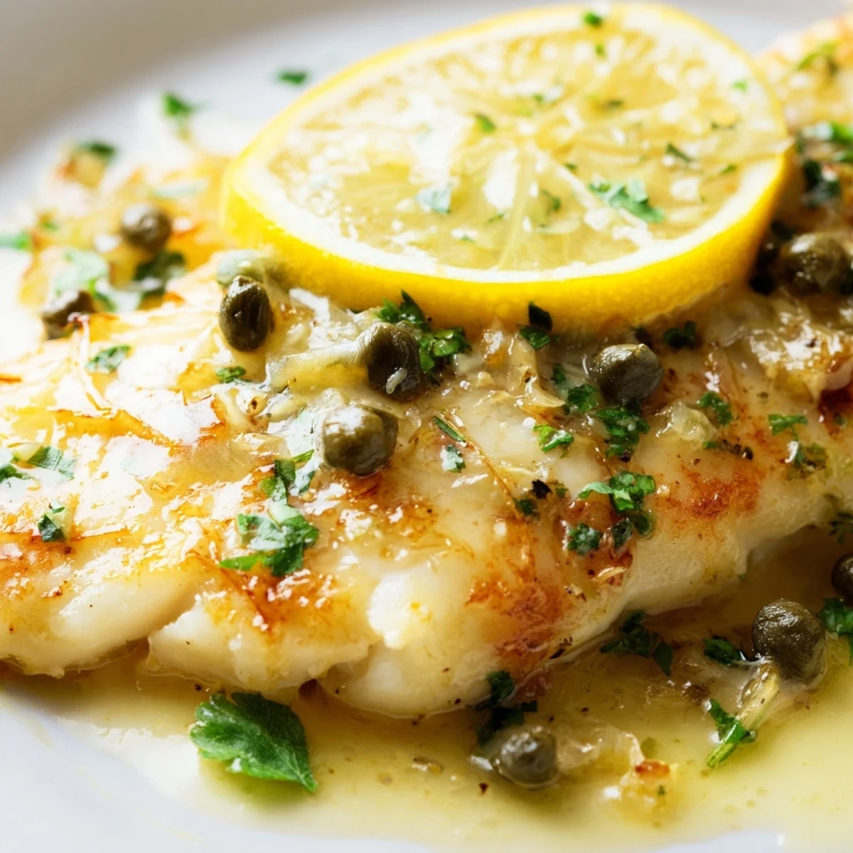 Flaky white cod piccata served in a bright buttery lemon sauce with scattered capers
