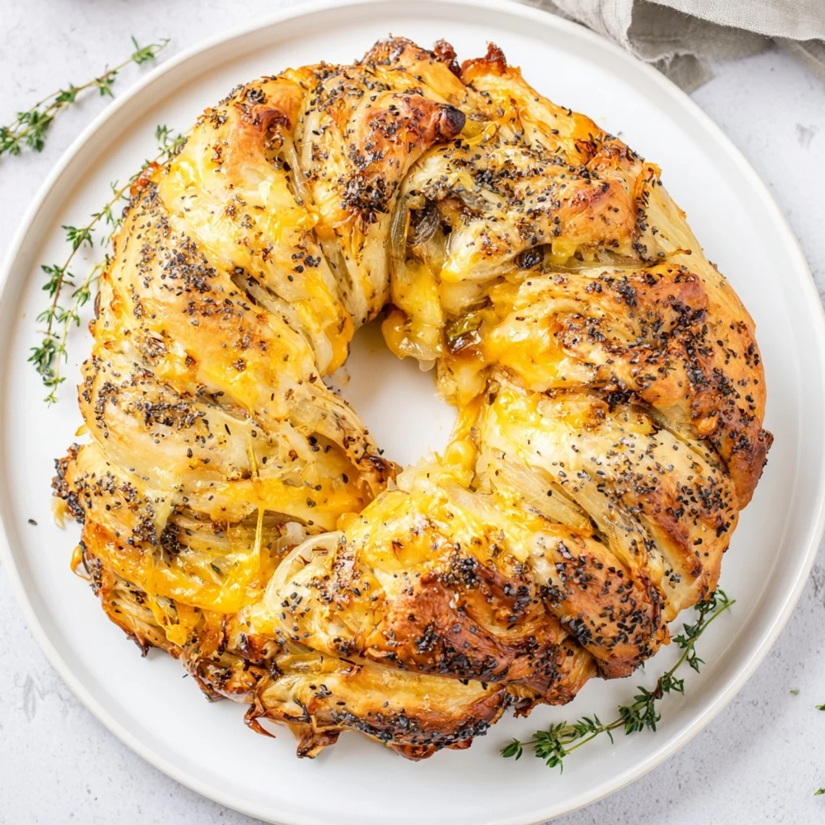 Golden brown caramelized onion Gruyere stuffed bread wreath with melted cheese peeking through flaky layers