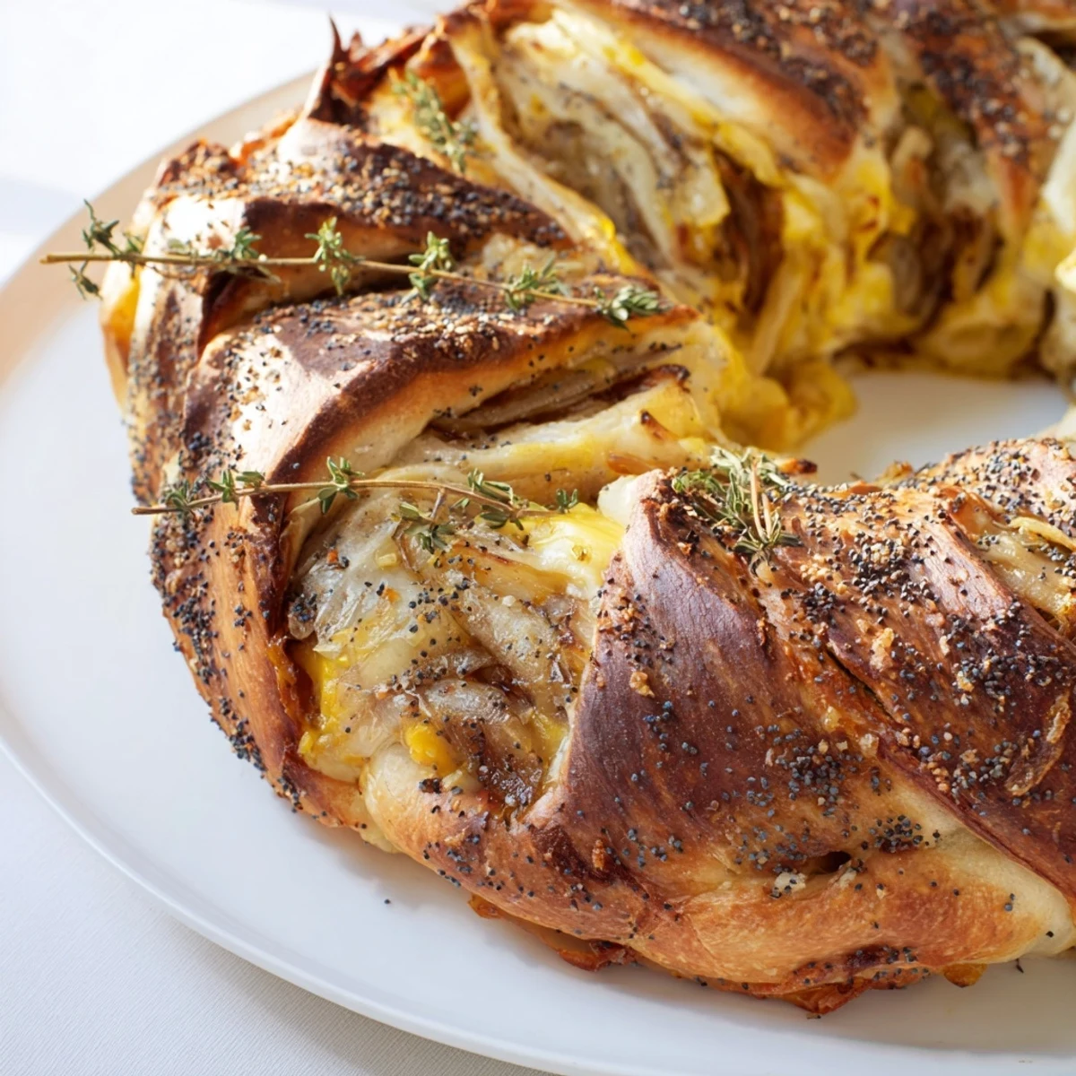 Savory bread wreath filled with sweet caramelized onions and nutty Gruyere cheese, garnished with fresh thyme