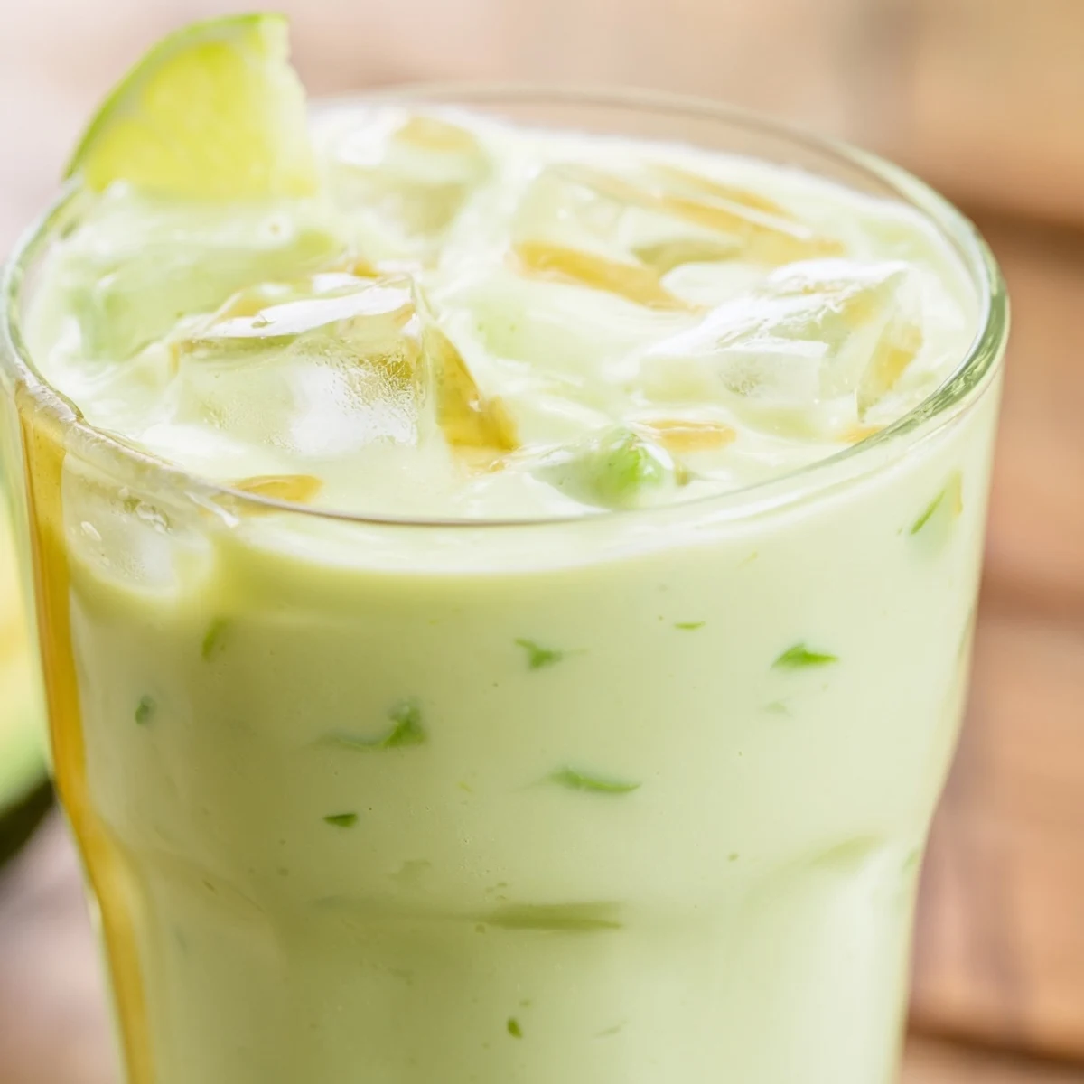 Vibrant avocado and Greek yogurt smoothie poured into a glass with lime wedge garnish