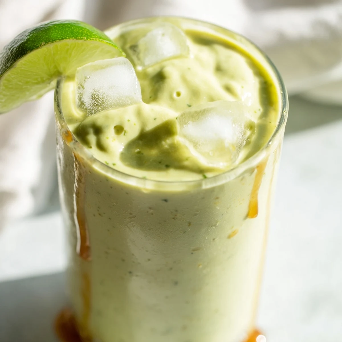 Creamy green Greek yogurt avocado smoothie topped with fresh banana slices and chia seeds